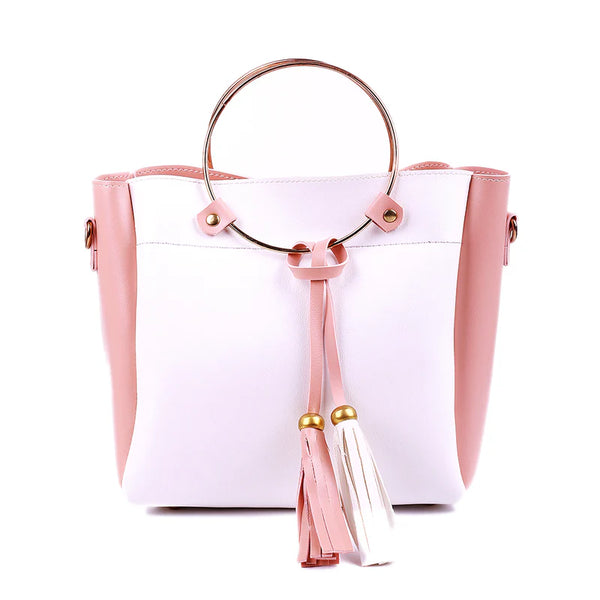 Pink & White Leather Tote Bag – Stylish Women’s Handbag with Tassel
