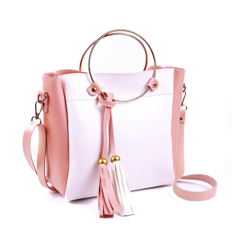 Pink & White Leather Tote Bag – Stylish Women’s Handbag with Tassel