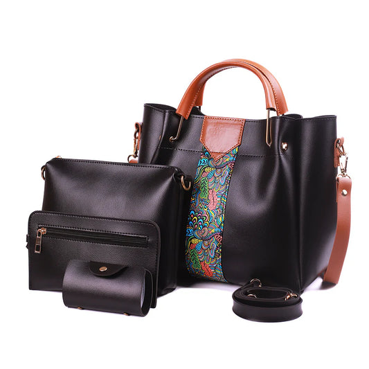 4-Piece Black Handbag Set for Women – Stylish Tote, Crossbody & Wallet Combo