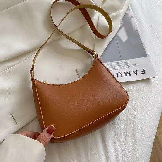 Brown Shoulder Bag for Women – Minimalist PU Leather Crossbody Half Moon Purse