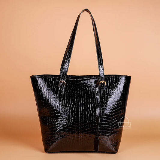 Black Crocodile Pattern Tote Bag for Women – Luxury PU Leather Shoulder Handbag