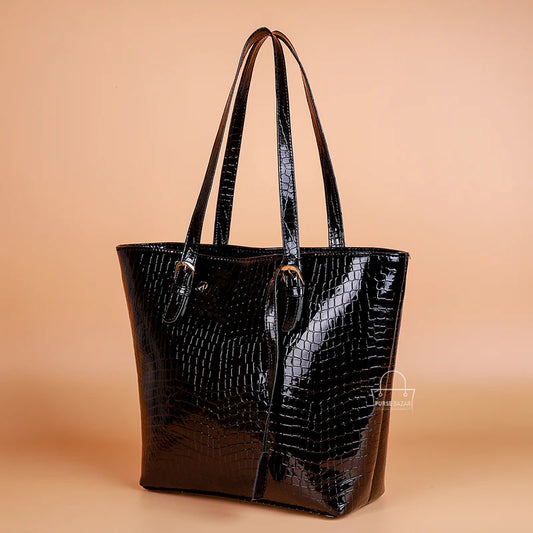 Black Crocodile Pattern Tote Bag for Women – Luxury PU Leather Shoulder Handbag