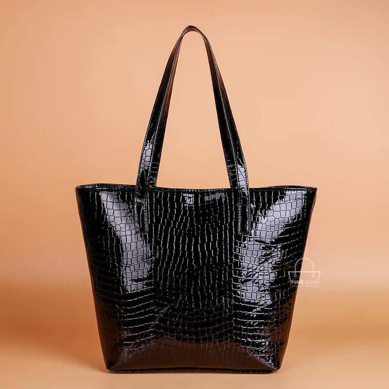 Black Crocodile Pattern Tote Bag for Women – Luxury PU Leather Shoulder Handbag