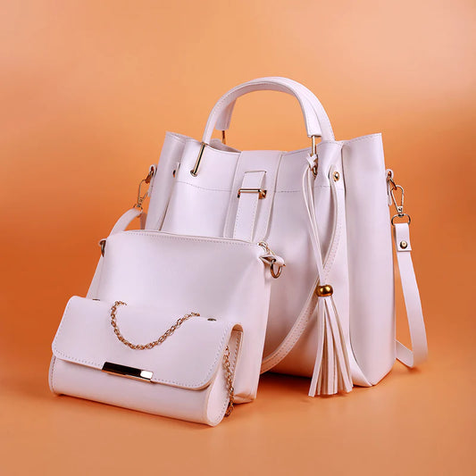 3-Piece White Handbag Set for Women – Elegant Tote, Crossbody & Clutch Purse Combo