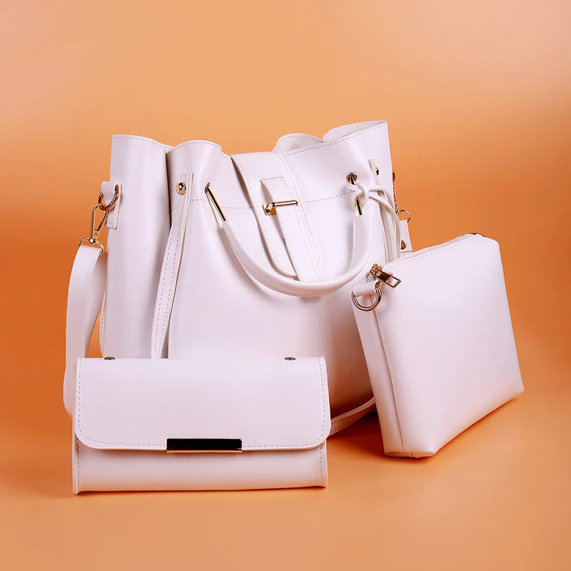 3-Piece White Handbag Set for Women – Elegant Tote, Crossbody & Clutch Purse Combo
