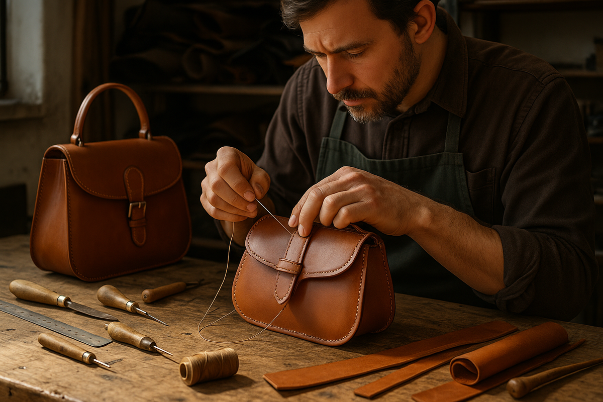 A man doing craftsmanship of leather handbags 