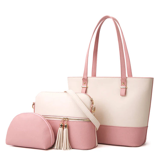 3-Piece Pink & White Handbag Set for Women – Stylish Tote, Crossbody & Clutch Purse Combo