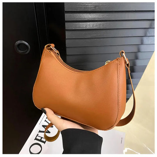 Brown Shoulder Bag for Women – Minimalist PU Leather Crossbody Half Moon Purse